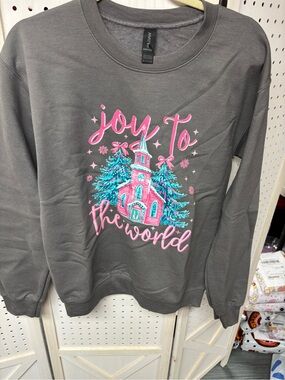 Gildan Gray Sweatshirt with Pink & Teal Holiday Church Graphic